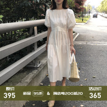 European station white dress womens summer 2021 French niche round neck bubble sleeve dress European womens skirt