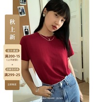 Burgundy right-angle shoulder knitted Ice Silk short sleeve t-shirt black cotton half-sleeve top female summer design sense