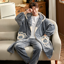 Mens winter padded long coral velvet pajamas cat claws warm autumn and winter flannel bathrobe home suit