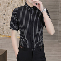 Pendant non-iron striped shirt mens summer short sleeve business casual shirt Korean slim ice silk black inch shirt