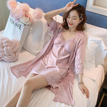 Long Sleeves Spring Autumn Season Thin style Sexy Silk Pyjamas Women Ice Silk With Chest Cushion Harnesses Sleeping Skirts Spring Summer Home Suits Suit
