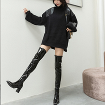 Widening cylinder Ken beans European and American lacquer leather long boots female autumn and winter over knee boots elastic high heel and velvety extra-long thigh boots 60
