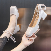 Single shoe female summer deposit with 2022 new summer coarse heel lacquered leather pearl light mouth net red high heel shoe fairy wind