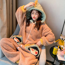 Plush zipper conjoined dinosaur pajamas women autumn and winter thickened warm coral velvet cartoon cute hooded home wear
