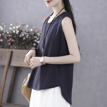 Han Suoyi Literature and Art Simple Summer Thin Cotton and Linen Vest Women's Linen Loose Wear I-Fit Short Top