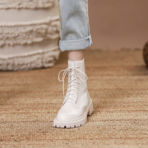 Martin boots female 2021 autumn and winter New English style white lace-up short tube slim knitted stretch boots thick soled boots
