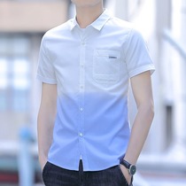 2022 Summer shirt Han version Trend handsome Casual Blue White Striped Port Wind Easy and Handsome Shirt Boy Short Sleeve