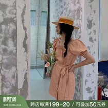 deessesicile method vintage field garden wind square collar lace orange bubble sleeves linen ladies dress