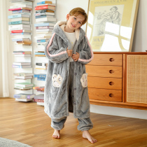 Childrens coral velvet pajamas autumn and winter boys flannel little boy home clothing set medium and large children thick long