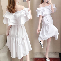 French Chiffon word shoulder dress womens 2021 new summer super fairy sweet waist thin temperament skirt