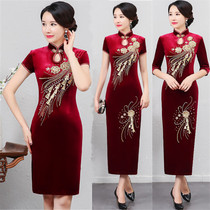 High-end middle-aged wedding mother Cheongsam dress performance bright wine red gold velvet beaded dress Wedding dress