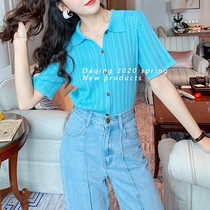 Summer thin section t-shirt short-sleeved 2022 new ice silk knitted polo shirt womens French retro hollow short top