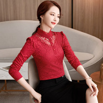 2022 autumn and winter new lace bottoming shirt plus velvet thickened large size warm shirt