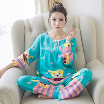 Pajamas women Spring and Autumn long sleeve cotton silk set pajamas women Summer artificial cotton round neck thin cotton silk casual home wear