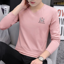 Long sleeves T-shirt mens chicken hearts V collar pure white body with blood lower pure cotton blood and autumn clothes for spring and autumn clothes with thin undershirt