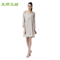 Wenyin Workshop Womens Home Clothes Round V-neck Summer Linen Long Shirt Sleepwear Fashion Simple Atmosphere