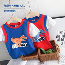Boy short sleeve T-shirt beads ground cotton fake two blouses 2021 new dinosaur printed children half sleeve tide