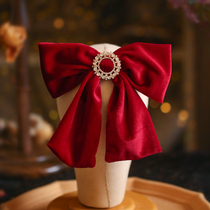  Burgundy satin hairpin toast dress Bridal headdress Wedding dress Bow rhinestone side clip Hair accessories