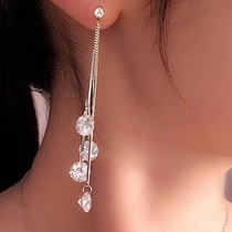 925 sterling silver water drop earrings Austrian crystal earrings Super fairy long tassel silver earrings Japanese and Korean earrings