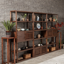 New Chinese style Old elm Bogu rack display cabinet Zen tea room storage Black Walnut tea shelf Solid wood bookshelf