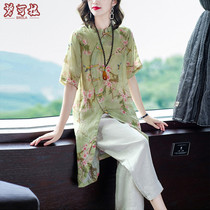2021 new womens ethnic style Chinese style Chinese floral linen cotton linen set mother Ramie two-piece summer