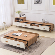 Solid wood TV cabinet tea table combination suit Nordic modern minimalist small household type full solid wood living room storage cabinet oak wood