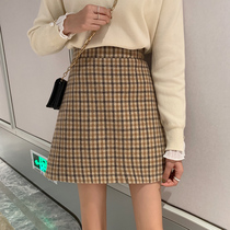 Large size plaid skirt fat mm autumn and winter womens new A- line dress retro high waist chic hip skirt hairy short skirt