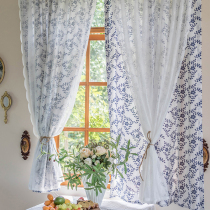 American retro semi-shading curtain printed double layer with yarn free of perforated method lace yarn fabric yarn integrated bedroom