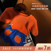 Bean mother child temperament round neck sweater Little girl fruit knitted pants Foreign style small apple exquisite suit