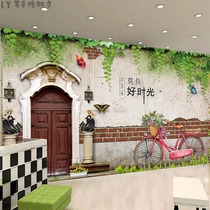 Custom Green Planting Brick Wall Restaurant Wallpaper Small Eating Shop Fields Garden Wall Paper Flower Shop Background Wall Mural Fresco Nostalgia Wall Cloth