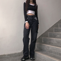 H home European and American Street locomotive jeans women cut design sense splicing zebra pattern high black straight pants autumn