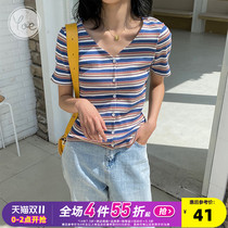 yoe slim color stripe V-neck short sleeve t-shirt womens net red ins Super fire Korean top Hong Kong style retro tide 2021