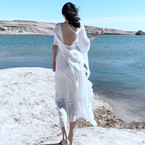 Palace Wind Sexy Dew Back White Beach Dresses Loose sanya seaside tourist holiday Lions dress supersensations
