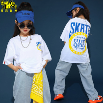 Trendy brand girls short sleeves T-shirt cotton boys thin style medium and big kids hip hop hip hop set foreign childrens summer wear