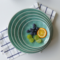 Vegetable dishes Home Ceramic Dishes Sky Green Glazed Green Porcelain 8 Inches Chinese Fried Round Vegetable Dish Cutlery Soup Deep Tray