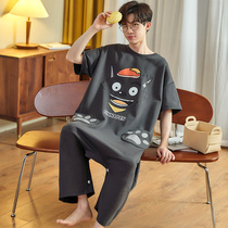 Sleepwear Mens Summer Pure Cotton Cartoon Short Sleeve Men Teenagers Full Cotton Big Code Summer Thin conjoined home clothes