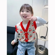 Girl Knit Waistcoat Chia Velvet 2022 New Autumn And Winter Outwear Open-Shirt Han Edition Foreign Air Children Sweater Vests Kan Shoulder