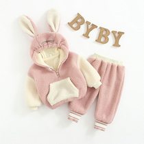 Female baby plus velvet set 2020 new girl cartoon plush two-piece boys clothes baby autumn and winter clothes