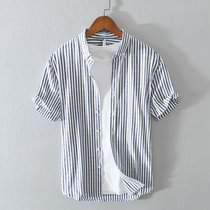 Summer mens vertical striped short sleeve shirt Japanese loose casual clothes trend cotton shirt Joker inch shirt
