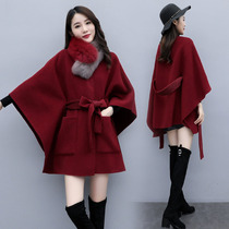 Wool cloak woolen coat womens long woolen shawl autumn and winter new hair collar fashion double-sided cashmere coat