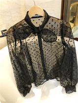 BORAKOO Korea East Amoto B ~ black flocking dots bow mesh shirt