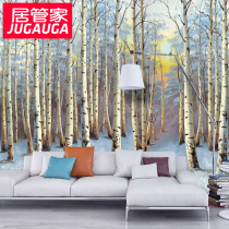 House housekeeper oil painting poplar tree forest sunset image bedside background wall living room sofa film and television Wall mural customization