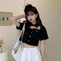 2021 new Summer Network Red Black Short Dew Navel Blouse Women Design Sensation Niche Hollowed-out Short Sleeve Shirt
