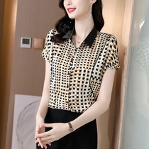 Plaid shirt female 2021 summer New temperament mother harbor wind short sleeve thin simulation silk polo collar chiffon shirt