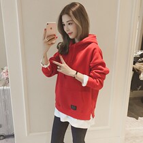 Tide Card Sweatshirt Woman 2021 Autumn Winter New Fake Two Blouses Loose Korean version with cap and velvet long sleeve jacket head jacket