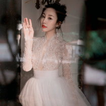 Wedding women 2021 New French light out of the door gauze Super fairy collar small son thin lace long sleeve tailing