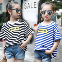 Summer childrens clothing sea soul shirt fat girl baby fat fat big loose T-shirt children blue and white striped short sleeve shirt