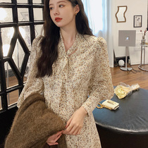 Mularsa French temperament V neck long sleeve floral dress female 2021 spring and summer long waist bottom skirt