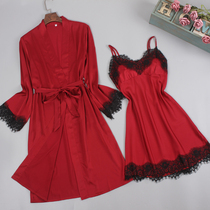 Japanese Harness Pyjamas Woman Sensation V Collar Ice Silk Two Sets Spring Autumn With Chest Cushion Lace Big Code Red Sleeping Robe