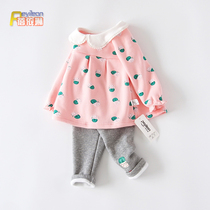 Little girls babies autumn and winter clothes sweet winter two-piece suits foreign atmosphere 1-3 years old and half baby toddlers plus velvet to keep warm 0